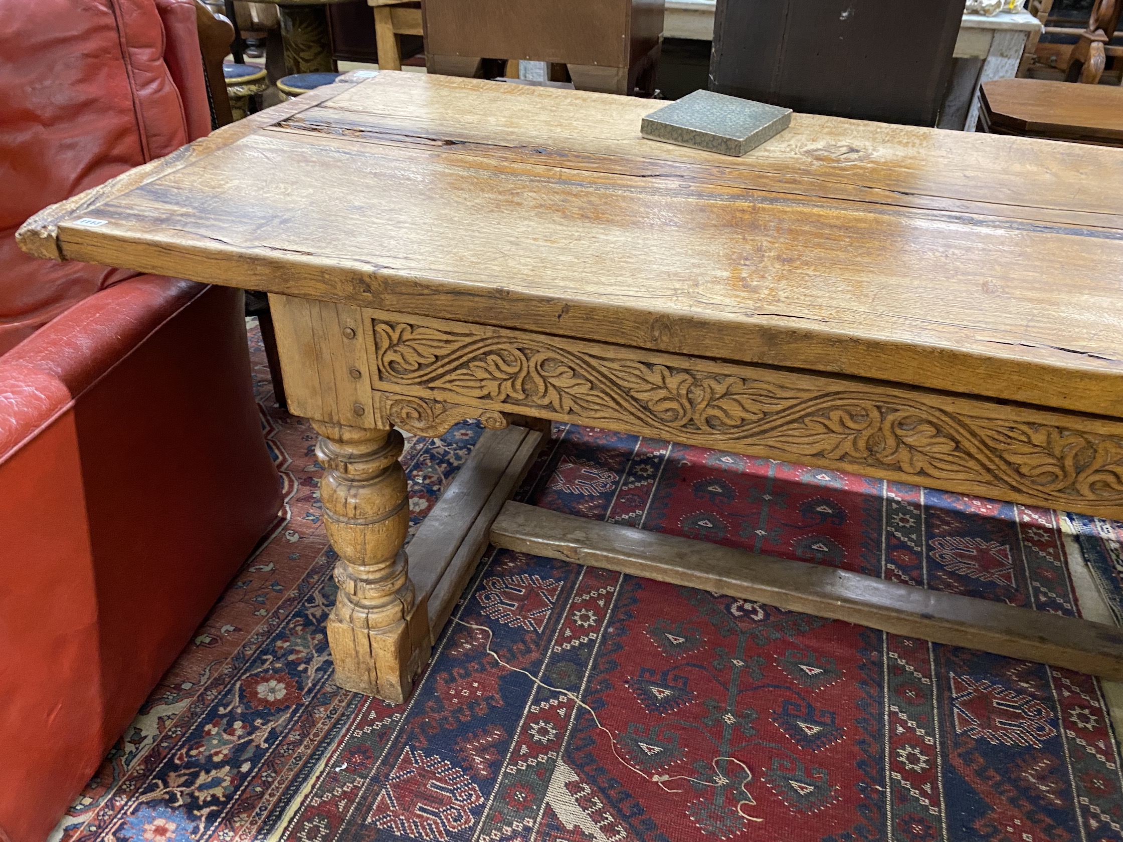 A 17th century and later oak refectory dining table, length 222cm, depth 85cm, height 77cm